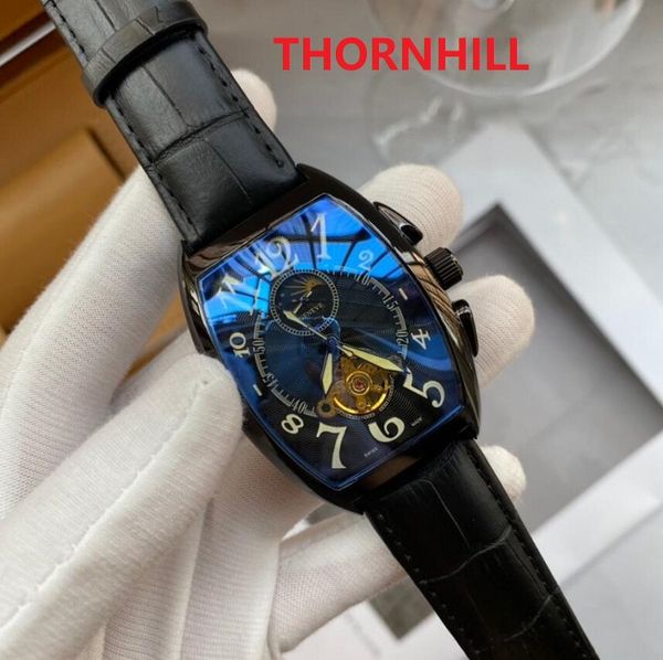 Top orologio da uomo di forma ovale quadrante nero con calendario cinturino meccanico automatico in pelle vetro zaffiro orologio da polso maschile cassa in acciaio inossidabile