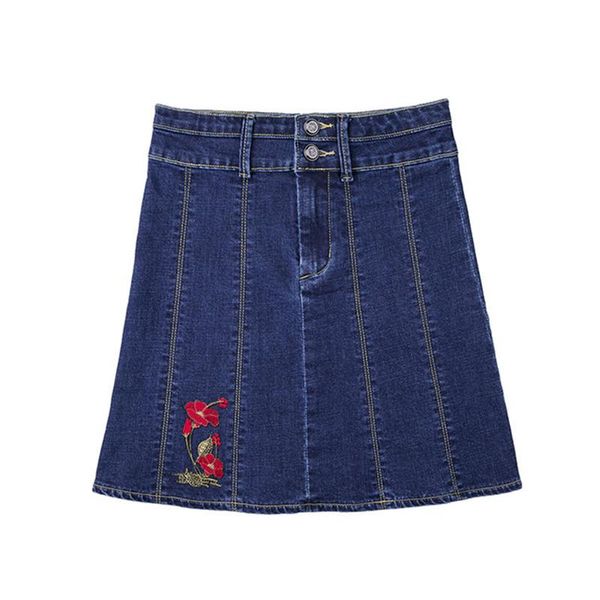 

skirts women flower embroidery jeans mini girls streetwear high waist a-line denim skirt summer bottom plus size 60204, Black