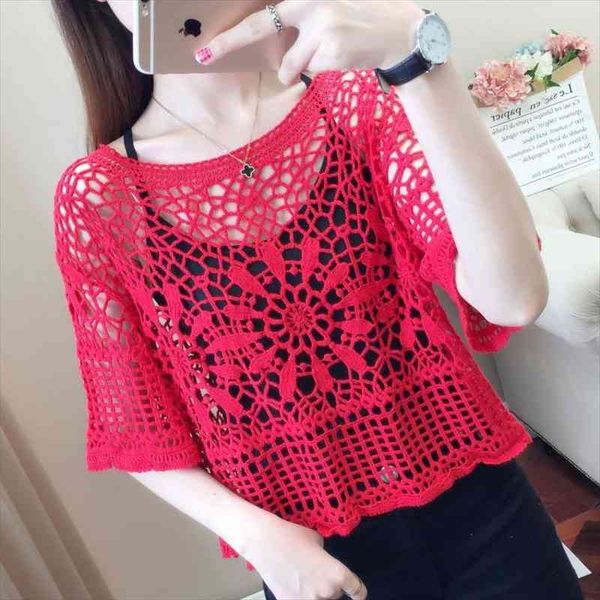 

women blouse crocheted short-sleeved lace shirt loose for women blusas ropa de mujer, White