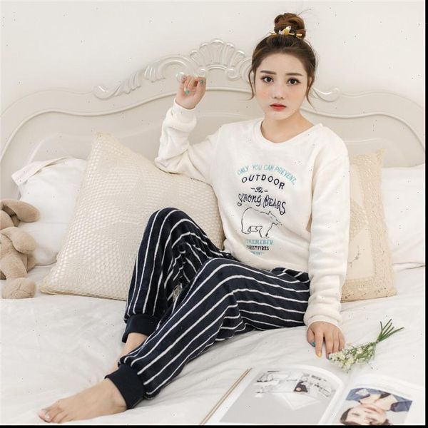 

pajama sets winter soft thicken womens sleepwears cute cartoon flannel mujer 2 pcs set warm pants home, Black;red