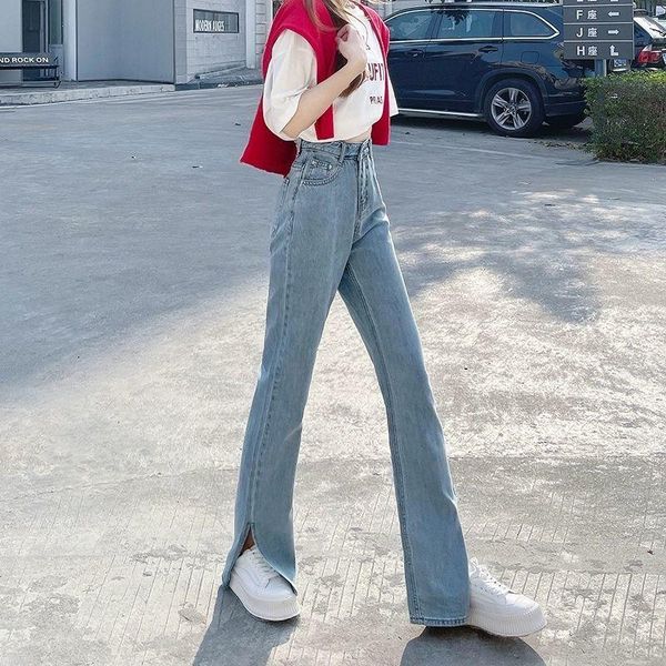 

women's jeans women street ripped flare spring long denim solid vintage washed korean style womens students mom, Blue