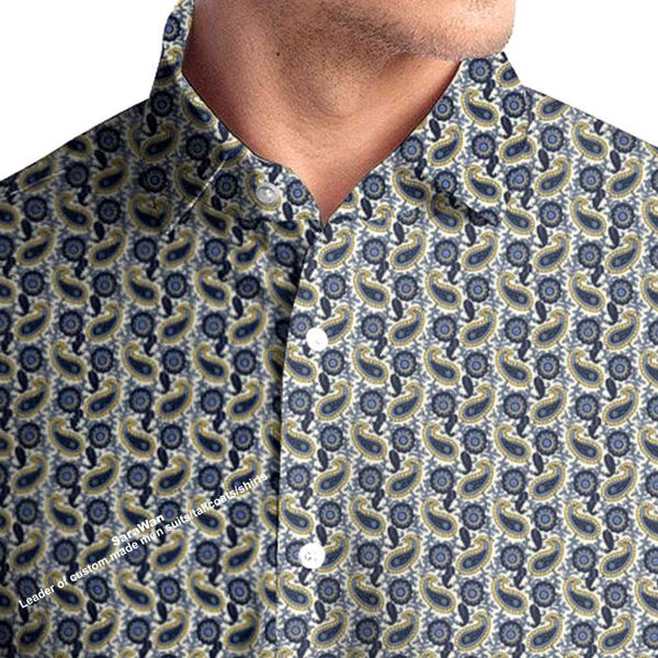 

men's dress shirts custom made paisley pattern shirt men floral shirt,casual blue yellow patterned, White;black