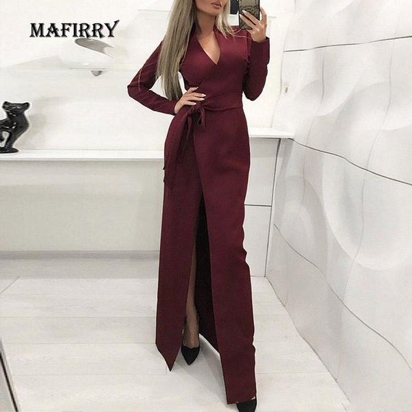

casual dresses femme lacing up maxi dress autumn v neck long sleeve solid party office lady fashion high split fork slim fit, Black;gray