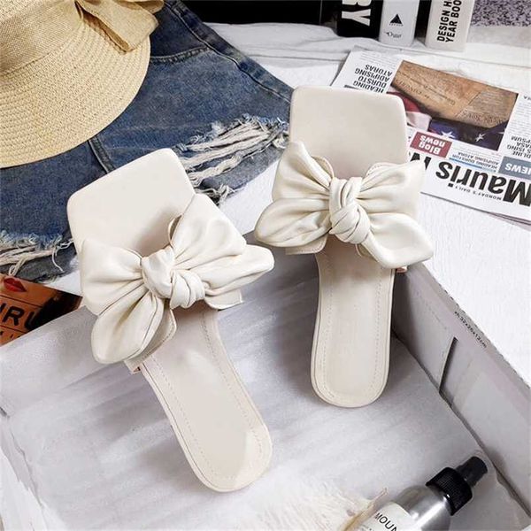 

zar a summer square toe women's flat slippers outdoor beach bow fashion large red black white girls' sandals 211206