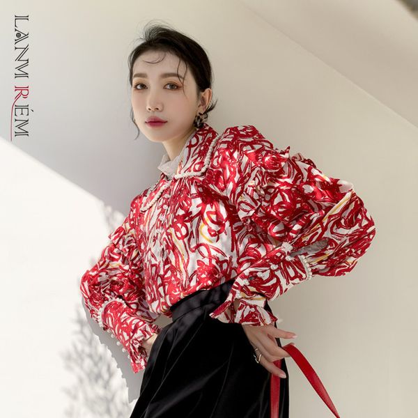 

retro red printed shirt for women cotton long sleeve pearl button blouse female all match fashion 2d1311 210507, White