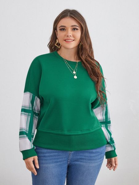 

plus plaid print drop shoulder sweatshirt z24e#, Black