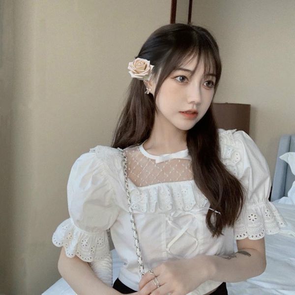 

women's blouses & shirts white lace up mesh puff sleeve crop hollow out summer sweet style perspective fashion brand clothing