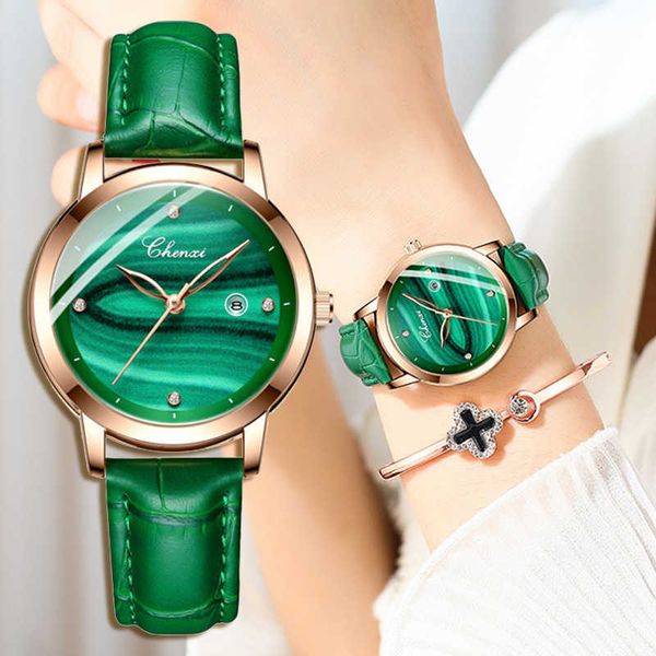 Orologi da donna in oro rosa verde Orologio da donna Ins Orologio da polso da donna alla moda in pelle anticata elegante in malachite 210616