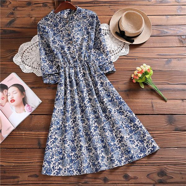 

casual dresses autumn spring mori girl women feminine dress stand collar floral printed a-line elegant corduroy all-match ft289, Black;gray