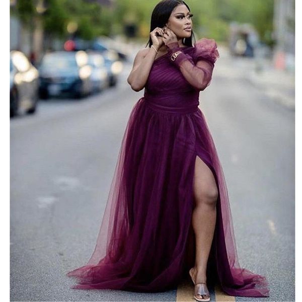 

one shoulder prom dresses long sleeves soft tulle a-line side slit bridesmaid dress form party wear with zipper back, Black