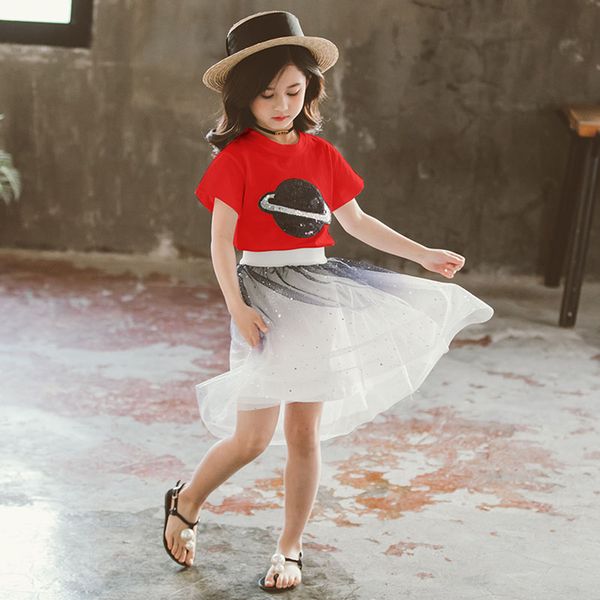 

kids clothes sequin tshirt + mesh skirt clothes for girls 2021 teenage clothes for girls summer childrens, White