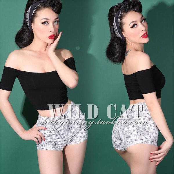 

women's shorts limited edition vintage classic pin up white cashew floral ultra-short package hip slim plus size available, White;black