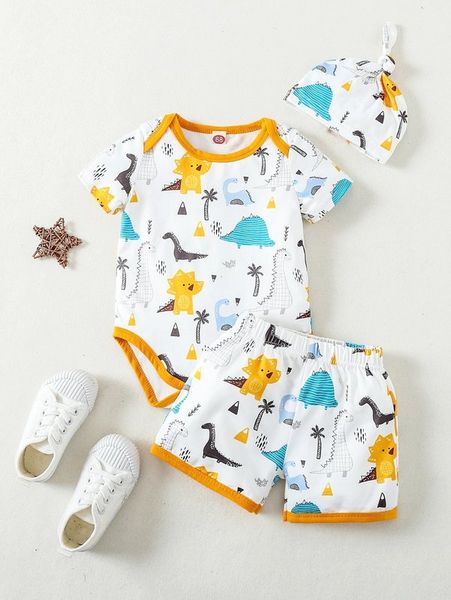 

baby dinosaur & coconut tree print bodysuit & shorts with hat she, White