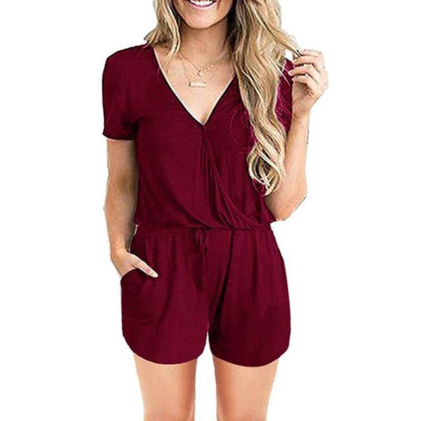 

women's jumpsuits & rompers fashion summer bodysuits women solid lace up button v neck pocket casual short body suits black overalls cl, Black;white