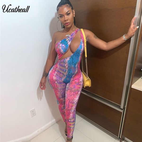 

summer women bodycon jumpsuits sheer hollow out shoulder jumpsuit rompers women sleeveless print skinny party club overalls, Black;white