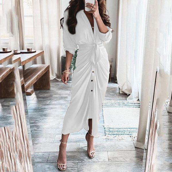 

casual dresses 40# women's long women solid all-match v-neck slim dress femme belted waist and button party 2021, Black;gray