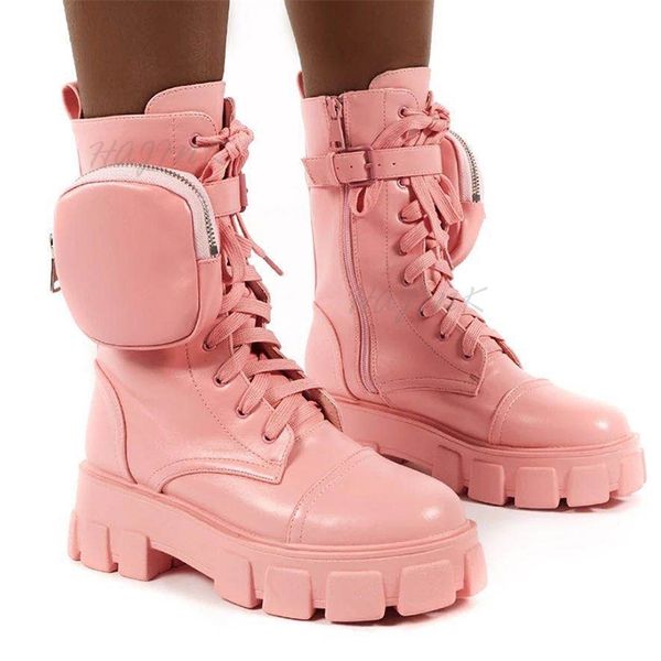 

women boots fashion chunky pocket platform white shoes for autumn winter high heels botas mujer 211104, Black