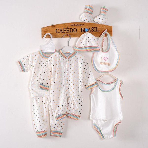 

clothing sets 8pcs/set born baby boy girl casual clothes set rompers+t-shirts+long pants+vest triangle shorts+bibs+hat+socks 4 styles, White