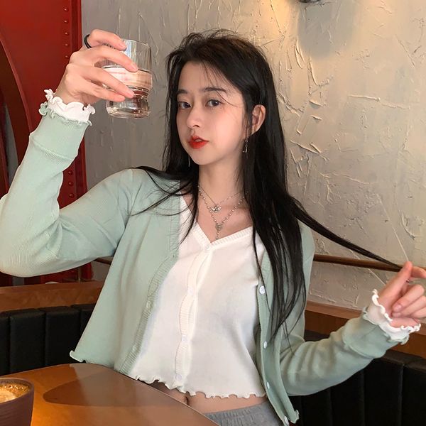 

4colors korean style women spring autumn knit cardigan sweater faux 2 pcs female outwear knitted cardigans womens coat (f6698, White;black