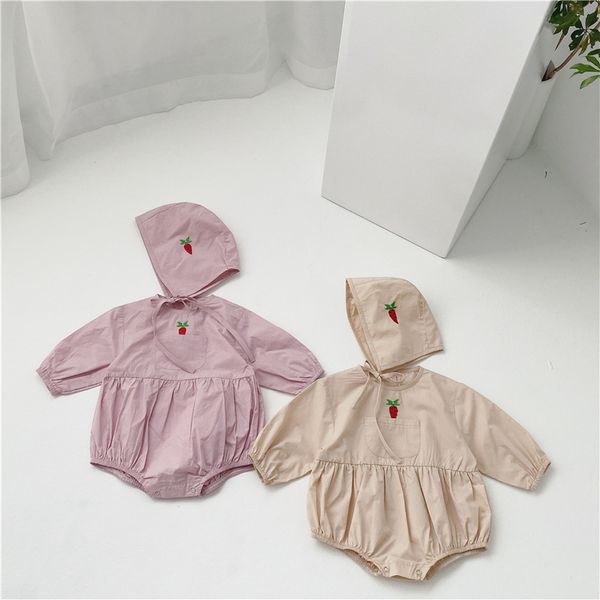 

korean style cute carrot embroidery jumpsuits with cap baby girls cotton bodysuits one-pieces 210508, Blue