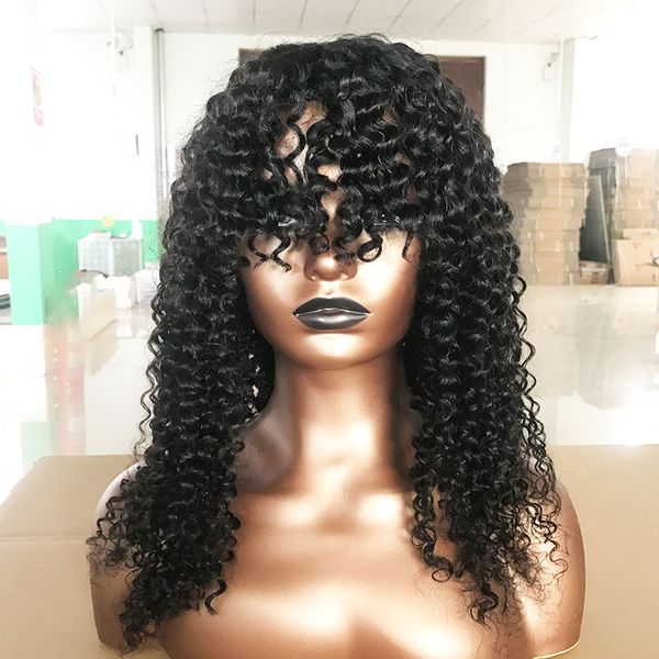 

afro kinky curly human hair wigs with bang natural clor machine made scalp base peruvian wig, Black