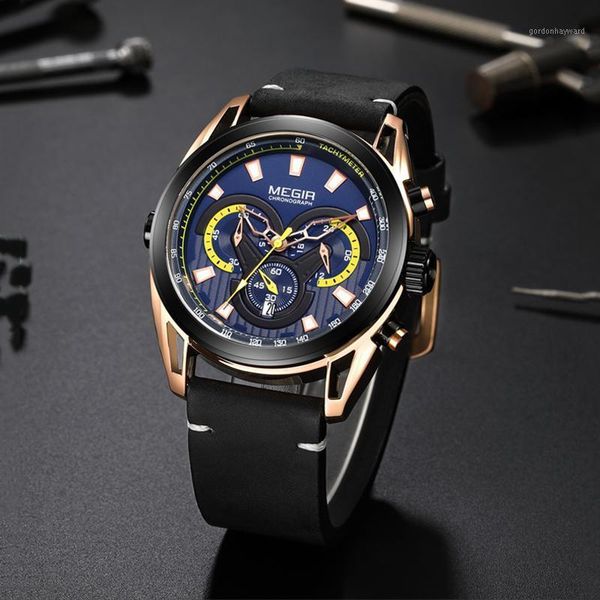 

wristwatches megir mens watches leather quartz watch men wristwatch fashion casual sport clock relogio 2135g, Slivery;brown