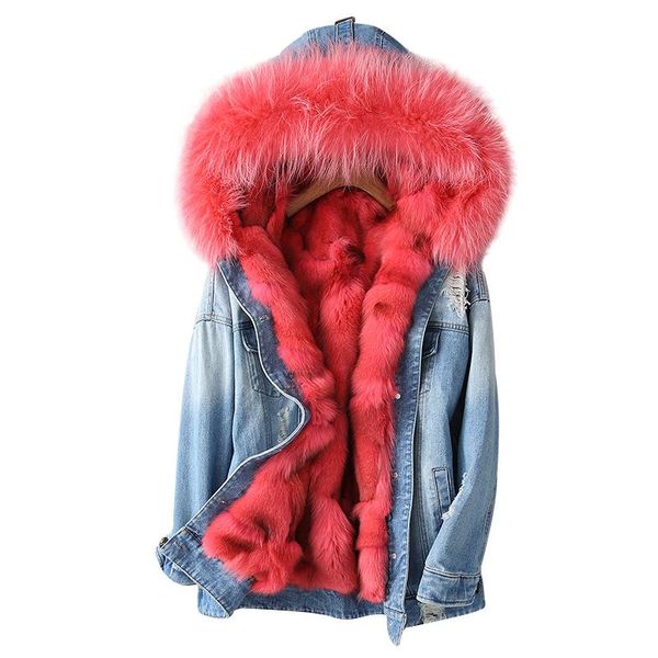 

denim parka real fur coat winter jacket women natural collar hood thick warm liner outerwear women's & faux, Black