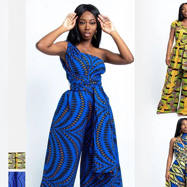 

african style autumn clothing women romper product digital printing multi wear wide leg jumpsuit with straps, Black;white