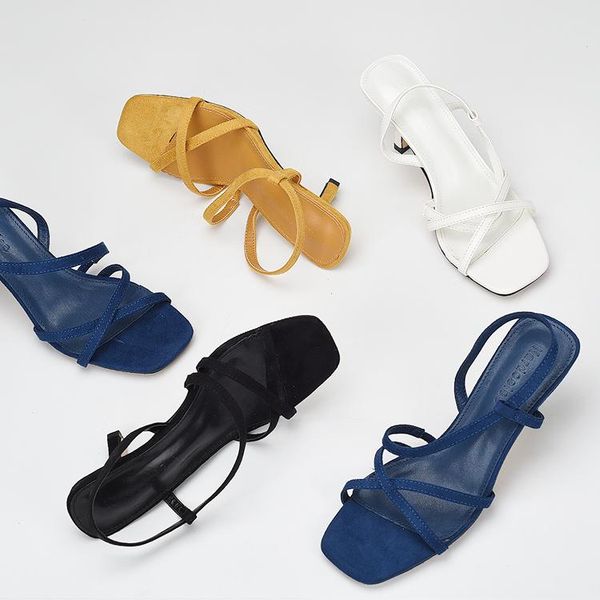 

dress shoes 2021 sandals ladies summer high heels all-match mid-calf strap square toe cross suit female beige high-heeled velvet s, Black