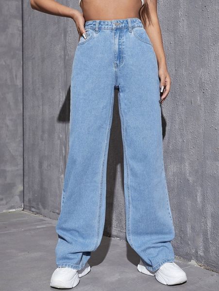 

high waist slant pocket straight jeans g3bd#, Blue