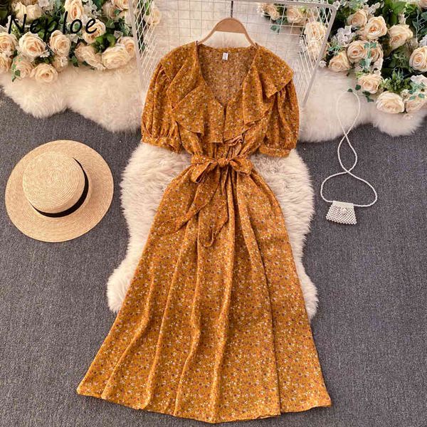 

neploe holiday bohemian print dress women v neck ruffles short sleeve vestidos pullover short sleeve high waist hip a line robe 210423, Black;gray