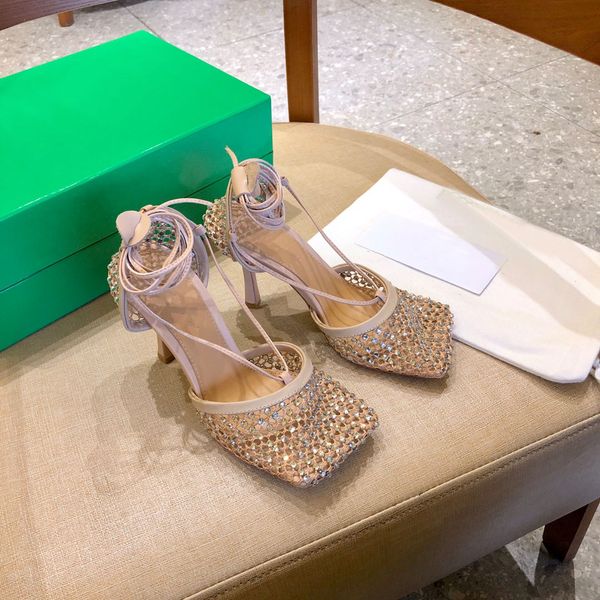 

sparkle stretch sandals women high heels designer luxury party outdoor shoes summer leather thin straps wrapped ankle buckle padded rubber o, Black