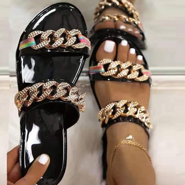 

slippers summer chain decoration peep toe lightweight casual shoes outdoor beach slides fashion flats women footwear, Black