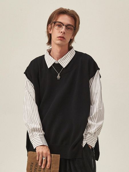 

extended sizes men solid slit hem sweater vest without shirt v3hq#, White;black