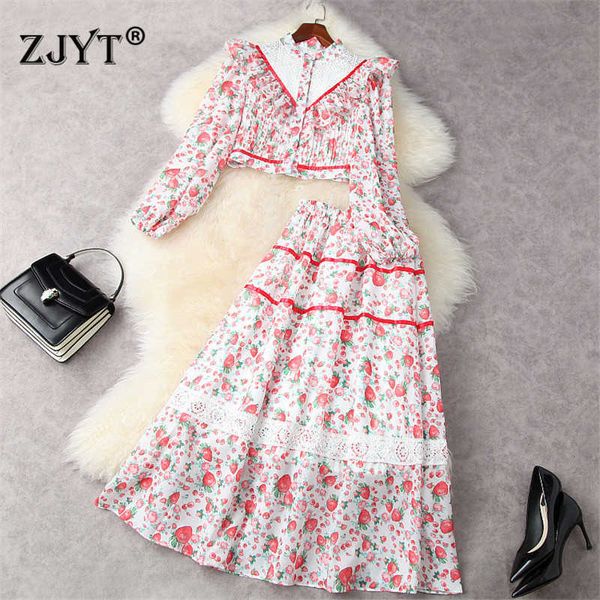 

runway fashion spring women two piece outfits elegant full sleeve print ruched shirt and long skirt suit party matching set 210601, White