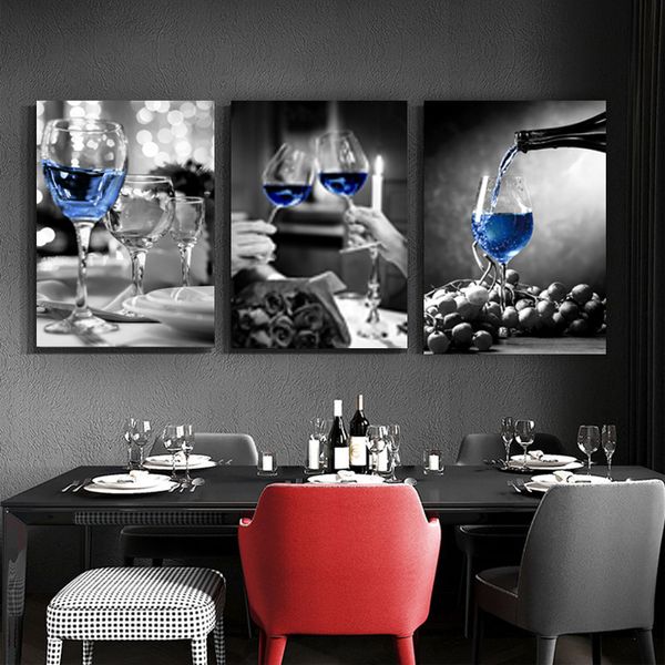 Romântico preto branco vinho taças modernas canvas arte parede fotos galeria sala de jantar bar casa decoração de casa poster