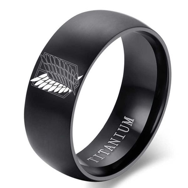 

8mm attack on titan black sliver stainless steel ring wings of liberty flag finger rings for men women jewelry anime fans, Silver