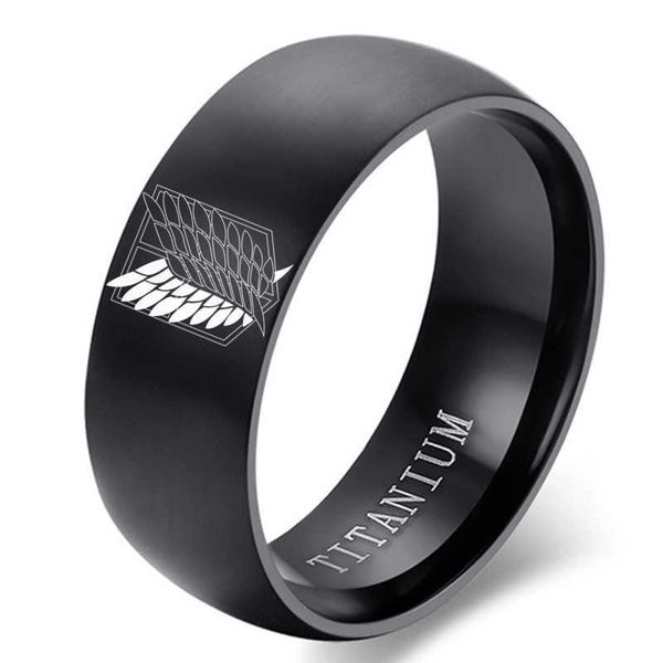 8mm Attack on Titan Black Sliver Edelstahl Ring Wings of Liberty Flag Fingerringe für Männer Frauen Schmuck Anime Fans