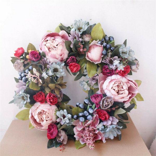 

simulation peony wreath made flower leaf garland ring wall window pendant door knocker wedding entrance ornament multiple colour decorative
