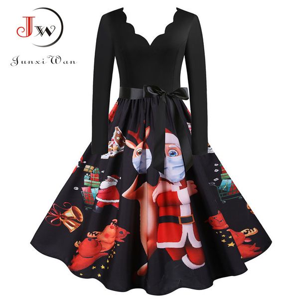 

women christmas dress plus size s~3xl long sleeve v neck party xmas sundress elegant vintage winter clothes robe femme 210510, Black;gray