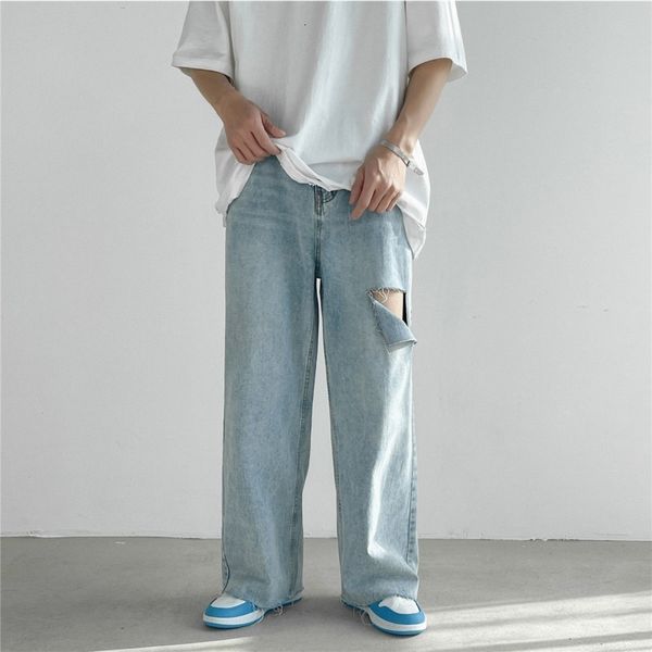 

men's jeans spring summer wide-leg fashion casual ripped men streetwear loose hip-hop hole straight denim trousers mens scs6, Blue