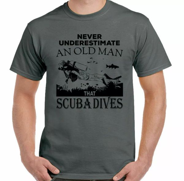 

never underestimate an old man who scuba diving funny t-shirt sub, White;black