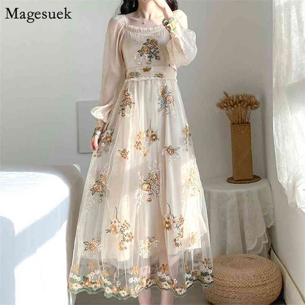 

vestidos white dress women elegant lantern sleeve embroidery floral summer party mesh long es 10120 210512, Black;gray