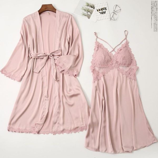 

bridal wedding robe lace suit bridesmaid 2pcs sleepwear kimono bath gown backless nightwear bathrobe&nightgown women's, Black;red