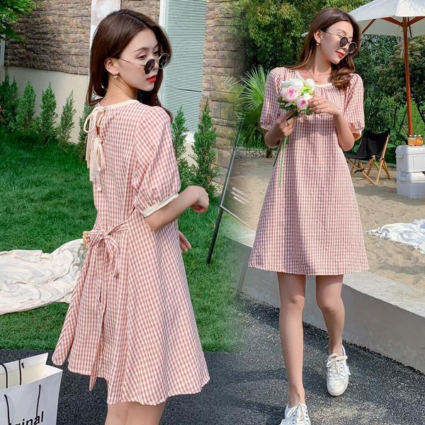 

maternity dresses 578# clothes summer short sleeves midi dress plaid o neck loose fashion pregnant women pregnancy, White