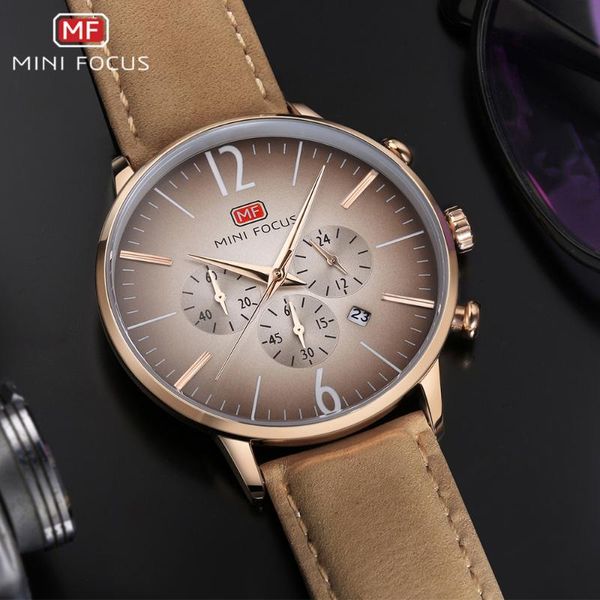 

wristwatches minifocus fashion casual mens chronograph watches brand men quartz wrist watch genuine leather clock relogio masculino, Slivery;brown