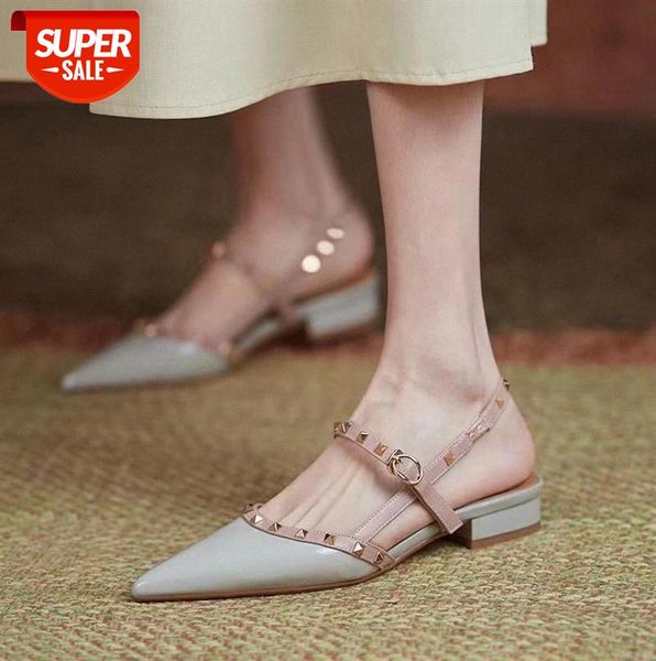 

pointed-toe sandals european and american trendy rivets buckle flat thick-heeled patent leather back-strap #yn1f, Black