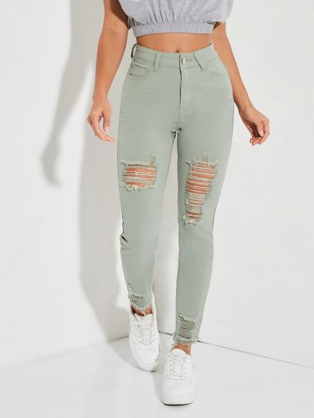 

petite zipper fly ripped raw hem skinny jeans f8u3#, Blue