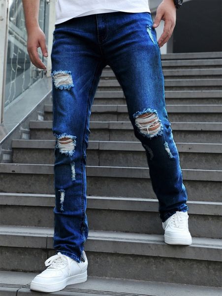

men ripped detail straight leg jeans u1lh#, Blue