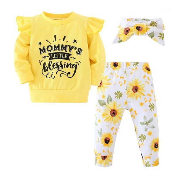 

3pcs/set born baby girl clothes cotton long sleeve t-shirt and floral printed trousers headband clothing set sets, White